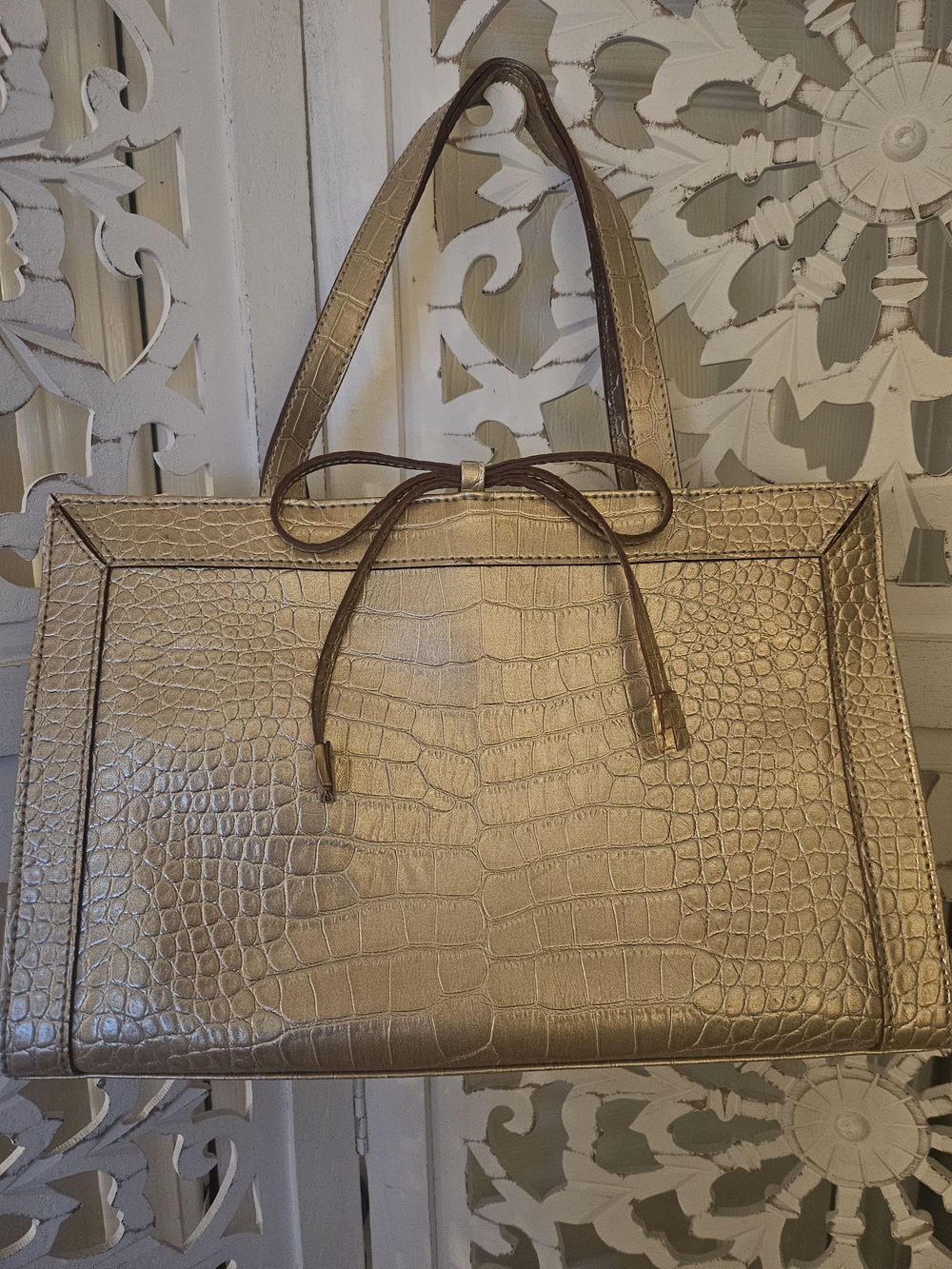 Liz Claiborne Metallic Gold Croc-Embossed Shoulder Tote with Bow Accent